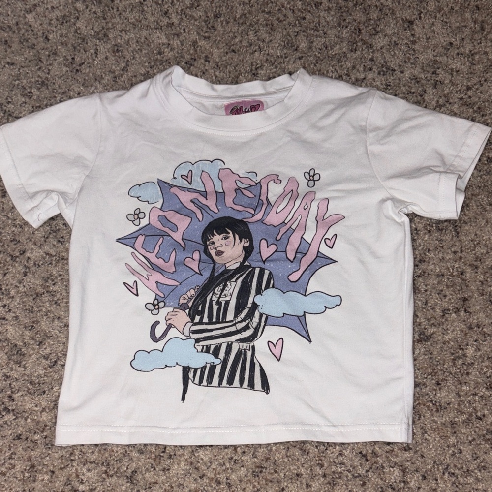 White 'Wednesday' Graphic Crop Top - Pink & Blue Design